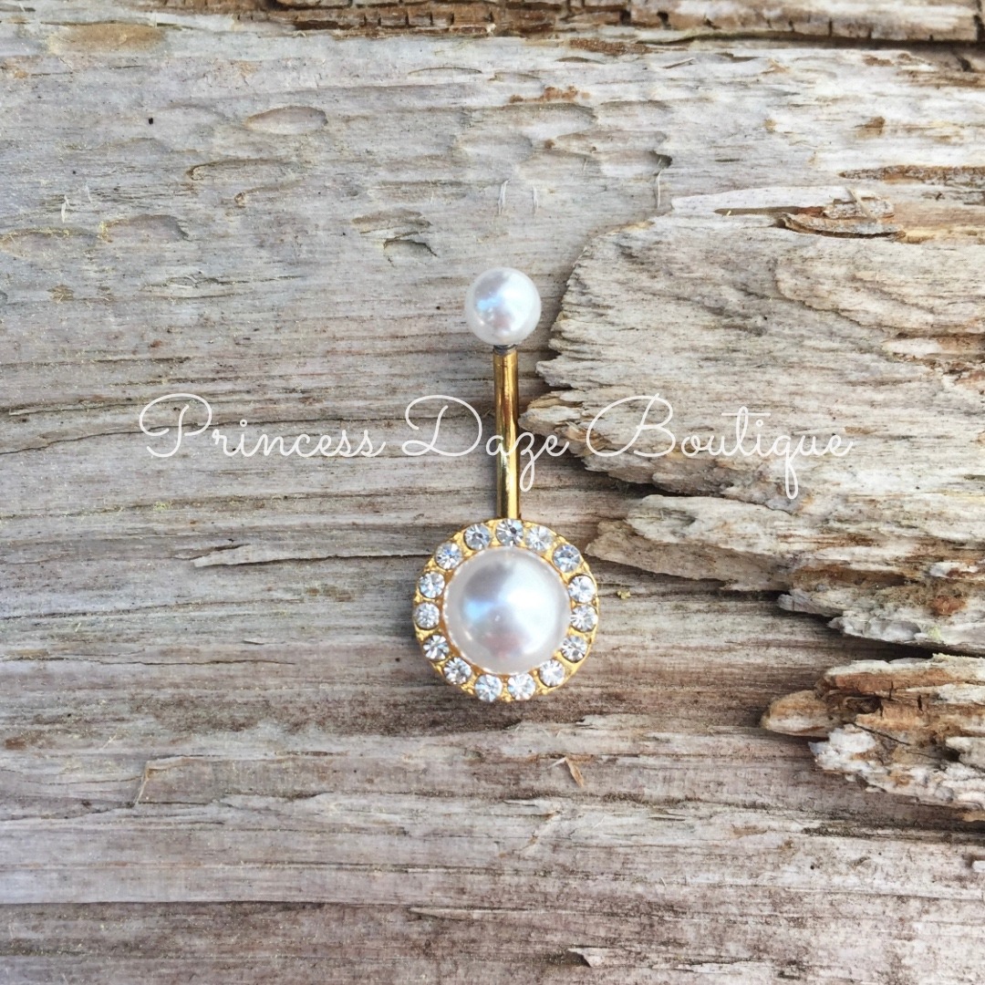 Gold Pearl Rhinestone Halo Belly Button Ring Body Jewelry Gold Pearl Rhinestone Halo Belly Button Ring Body Jewelry